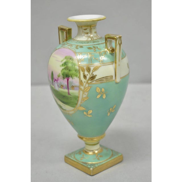 Ceramic Antique Nippon Hand Painted Porcelain Windmill Scene Green Small Bolted Vase For Sale - Image 7 of 13