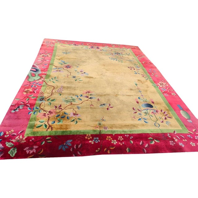 1920s Chinese Art Deco Carpet ( 9' x 11'8" - 275 x 355 ) Antique Floral Wool Hand Knotted Pile Yellow / Gold Orange 1920s...
