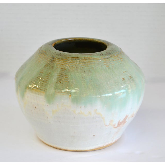 Studio Pottery Mid-20th Century Studio Piece Pottery Light Green Beige Brown Vase Vessel For Sale - Image 4 of 12