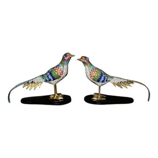 Pair of Cloisonne Enamel Pheasant Figures – 7.7" Golden Bird Sculptures on Stands For Sale