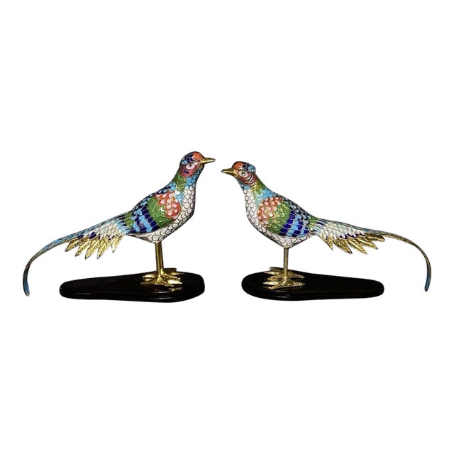 Pair of Cloisonne Enamel Pheasant Figures – 7.7" Golden Bird Sculptures on Stands For Sale