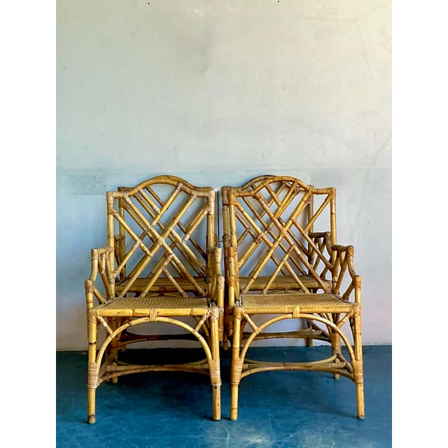 Hollywood Regency Vintage Boho Chinese Chippendale Bamboo Dining Arm Chairs - Set of 4 For Sale - Image 3 of 8