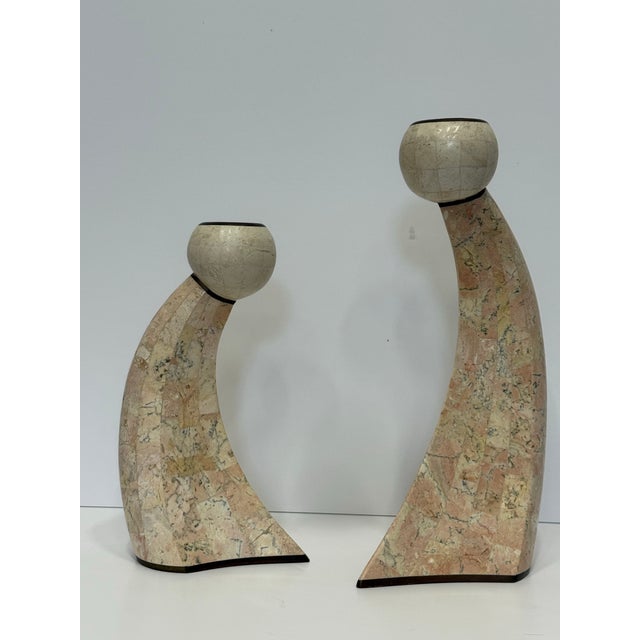 1980s 1980’s Sculptural Postmodern Maitland Smith Tessellated Stone & Brass Inlaid Candle Holders For Sale - Image 5 of 9