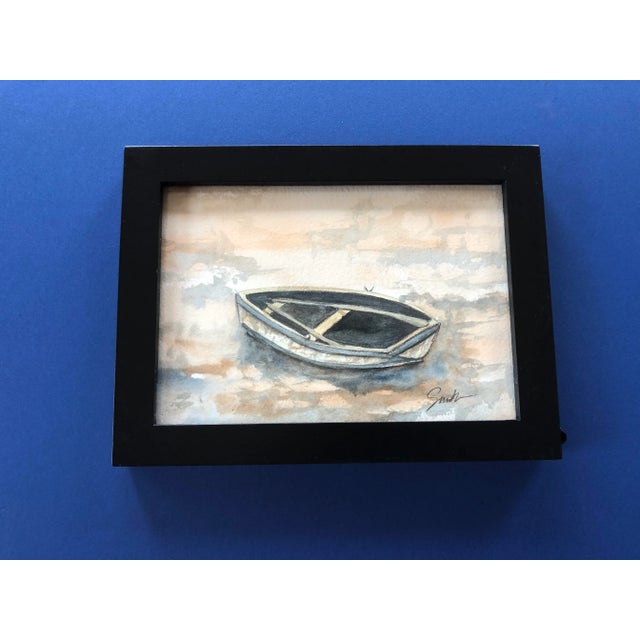 “Rowboat at Low Tide” Contemporary Signed Original Watercolor Seascape Painting by Nancy Smith, Framed For Sale - Image 4 of 4