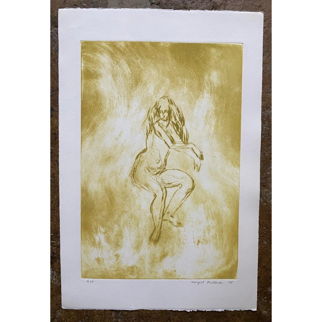 Seated female nude etching in yellow by Margaret Friedlander. Pencil signed, dated and noted as a proof. Combined shipping...