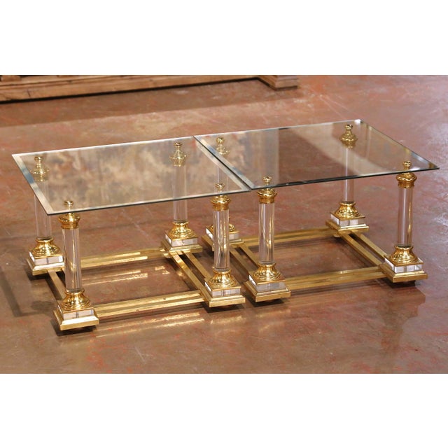 Mid 20th Century Pair of Mid-Century French Hollywood Regency Acrylic and Brass Side Tables For Sale - Image 5 of 7
