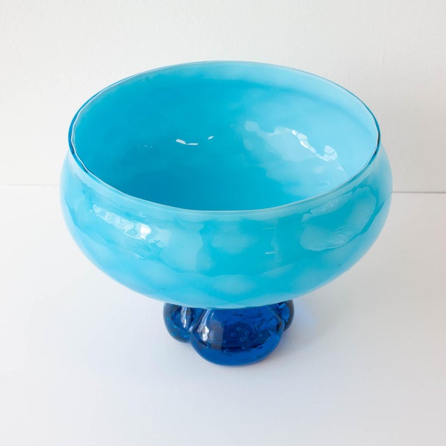 Glass Vintage Portuguese Blue Glass Bowl with Foot, 1960s For Sale - Image 7 of 11