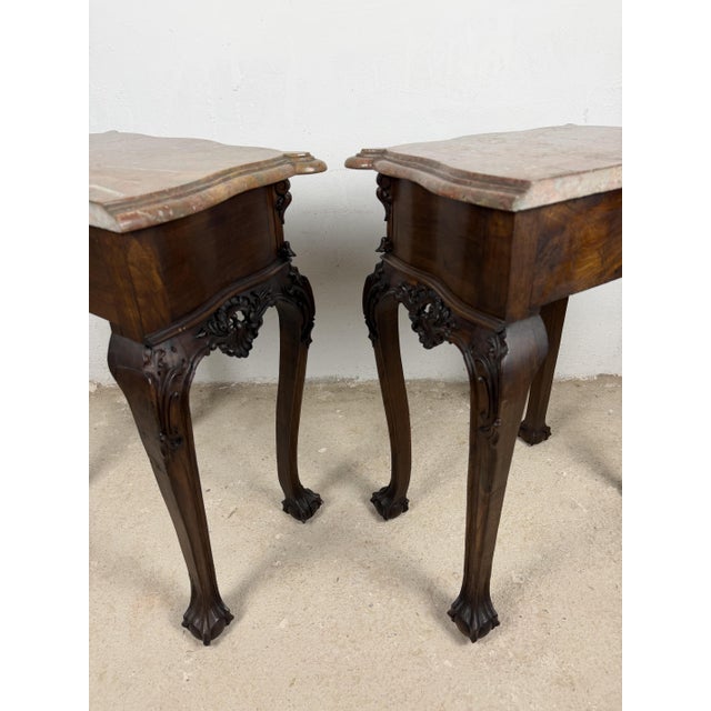 French Louis XV Style Nightstands with Marble Tops, 1940s, Set of 2 For Sale - Image 11 of 16