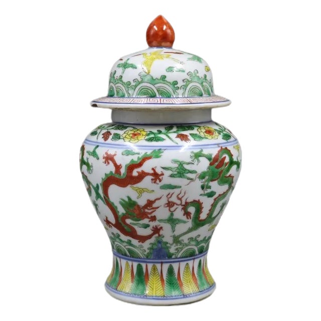 Early 20th Century Chinese Ceramic Pot Ming Dynasty Jiajing Marked Blue and White Famille Verte Porcelain Ginger Jar Hand Painted Dragon Pattern For Sale