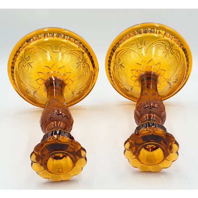 Indiana Glass Company 1960s Brockway Indiana Glass Large Tiara Amber Sandwich Candlesticks 9" Set For Sale - Image 4 of 7