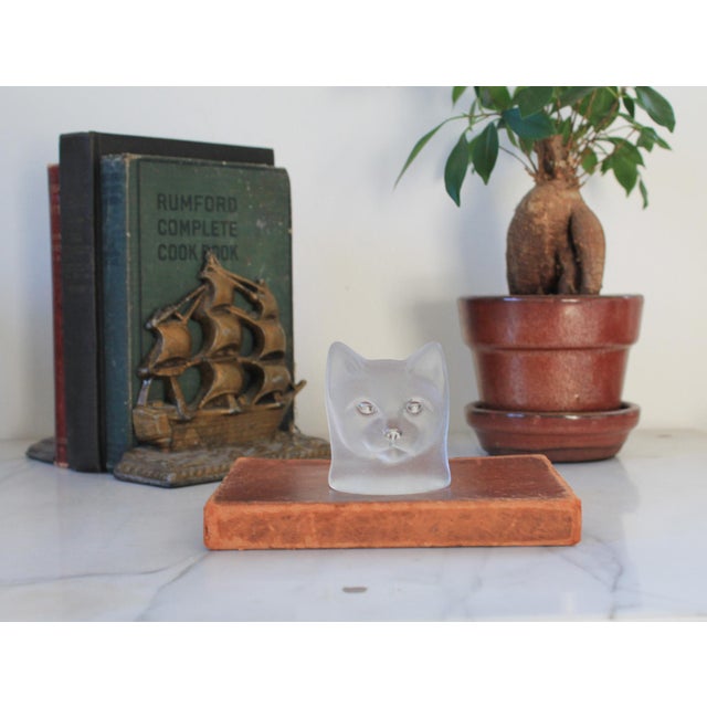 Mid-Century Modern Vintage "Nybro" Sweden Crystal Glass Paperweight Cat Bust For Sale - Image 3 of 6