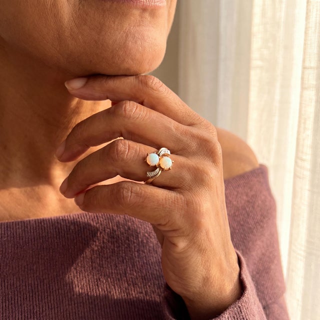 Mid-Century White Opal and Diamond Offset Ring, Size 6.5 For Sale - Image 4 of 4