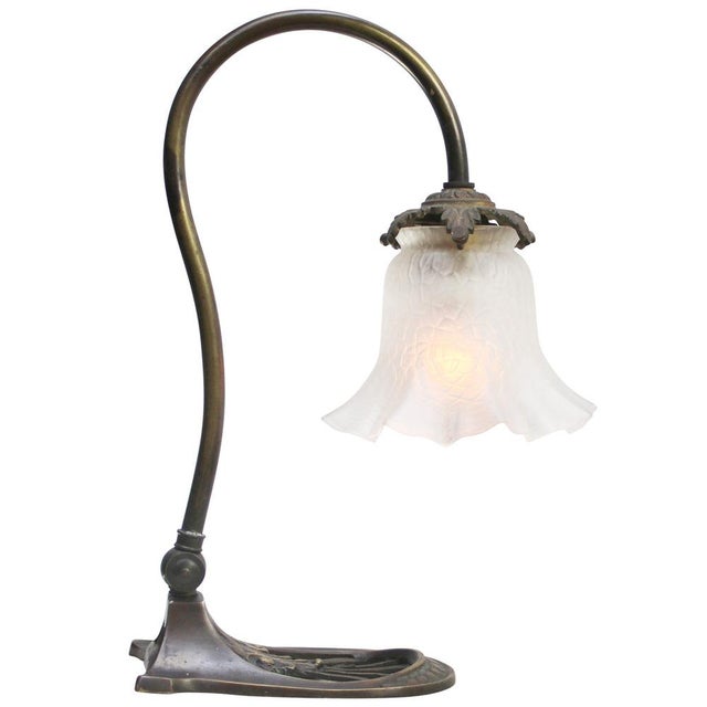 Brown Art Nouveau French Brass & Frosted Glass Table Lamp For Sale - Image 8 of 9