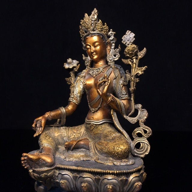 Traditional Late 19th Century Gilt Bronze Green Tara Statue, Tibetan Buddhist Figure, 1kg For Sale - Image 3 of 9