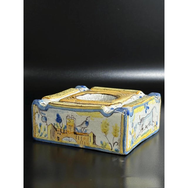 Antique Spanish Talavera Inkwell in Hand-Painted Faience with Animals and Floral Motifs For Sale - Image 4 of 8