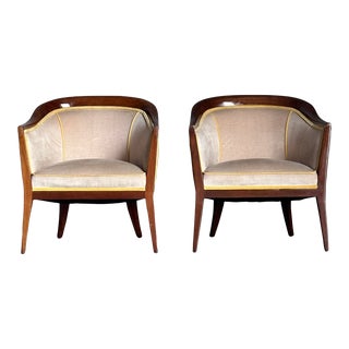 1960s, Mid Century Modern Curved Back Arm Chairs With Walnut Accents After Harvey Probber- a Pair For Sale