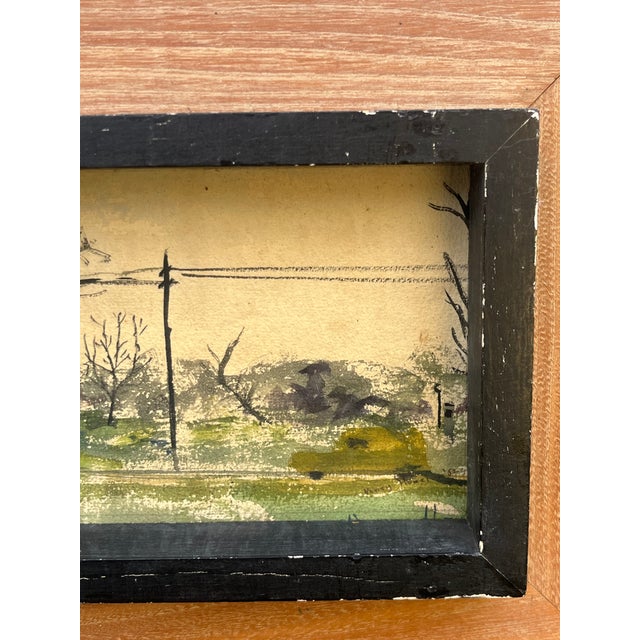 The American School Mid Century Watercolor Landscape of a Car on a Rural Highway For Sale - Image 3 of 5