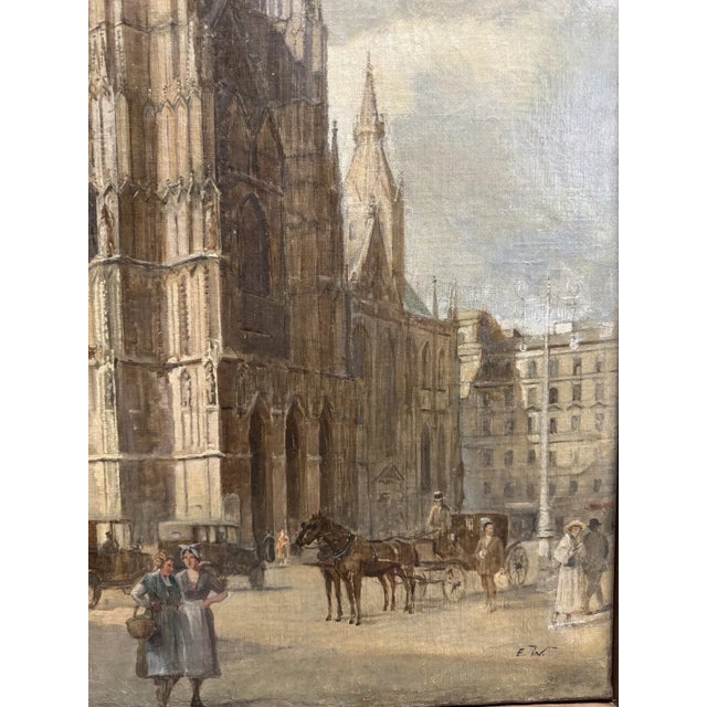 Early 1900s Antique Edvard Weie St. Stephen’s Gothic Cathedral Oil Painting Vienna Cityscape, Framed For Sale - Image 4 of 11