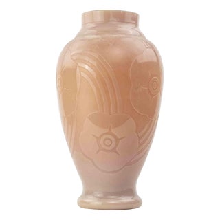 Vintage Art Deco Pink Moulded Glass Vase with Floral Design, France, 1940s For Sale