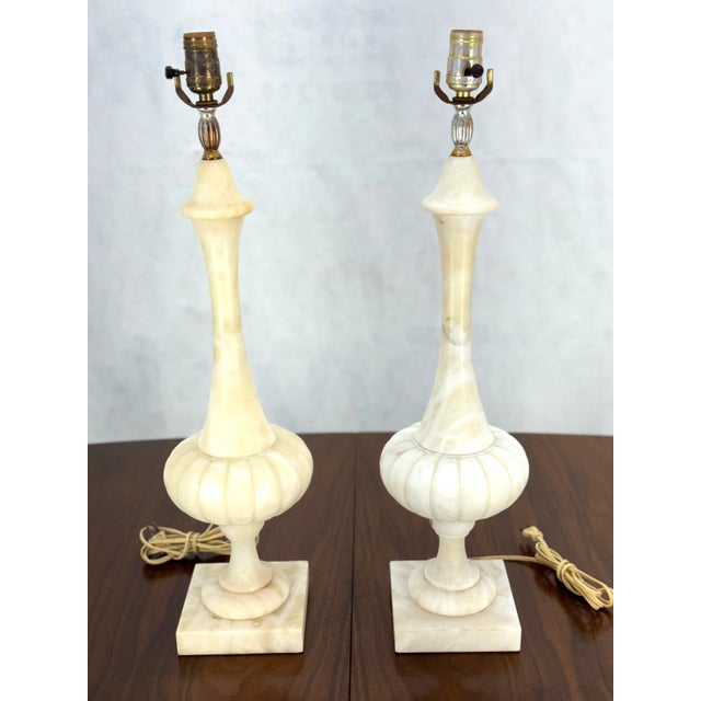 Pair of Fine Elegant Alabaster Marble Onion Shape Bases Table Lamps Clean! For Sale - Image 6 of 13