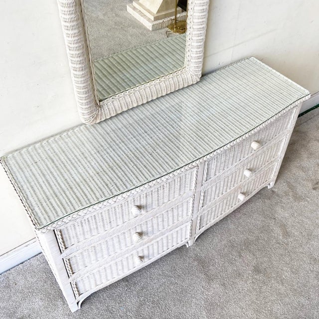 Boho Chic Off White Wicker Glass Top Dresser With Mirror | Chairish