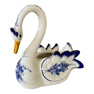 Hand-Painted Chinoiserie Portuguese Blue & White Swan Planter / Cachepot