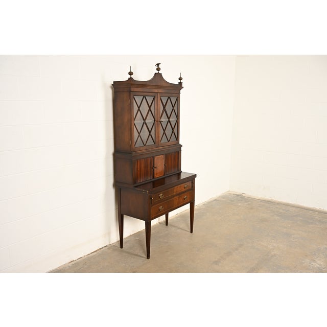 English Imperial Furniture Federal Inlaid Mahogany Secretary Desk With Bookcase Hutch, Circa 1940s For Sale - Image 3 of 17