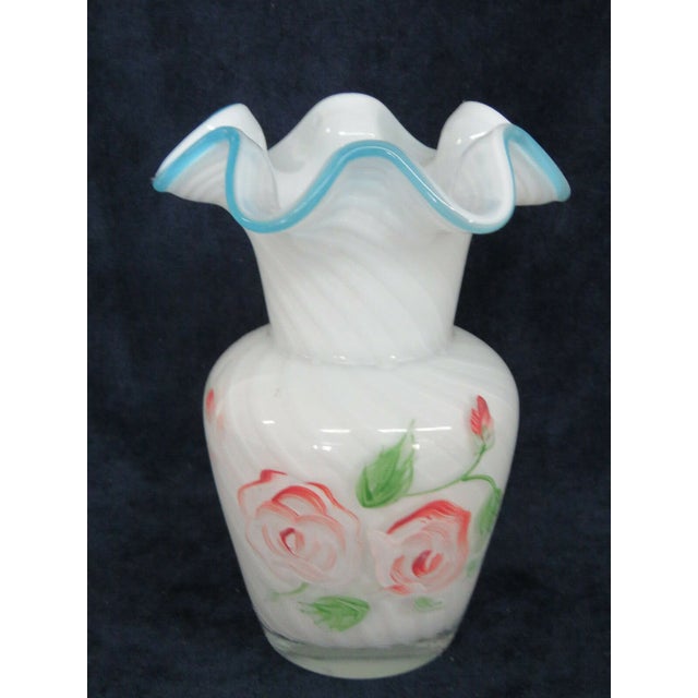 Traditional Glass Swirl Opalescent Blue Hand Painted Roses Ruffled Edge Vase 504b For Sale - Image 3 of 3