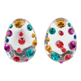Kaso Multicolor Jeweled and Lucite Clip Earrings For Sale