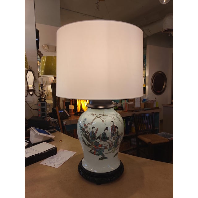 Chinese Vintage Chinese Porcelain Figural Table Lamp With Silk Drum Shade For Sale - Image 3 of 6