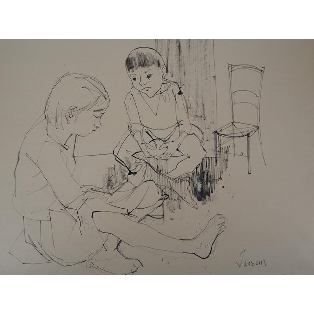 Jean Jansem Playing Children Original drawing in Indian ink (a second small sketch on back of the sheet, see last photo)...