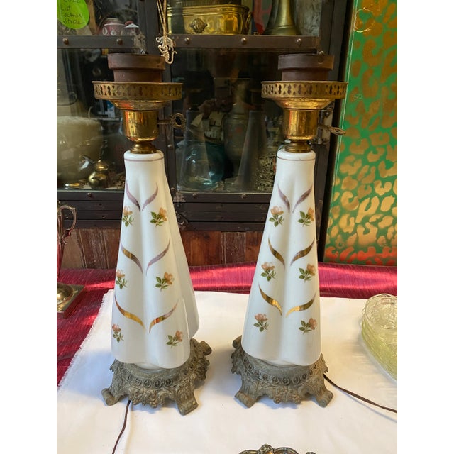 Metal 1950s Rococo Milk Glass Lamps - a Pair For Sale - Image 7 of 7