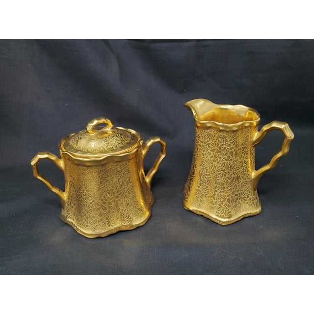 Hollywood Regency Vintage Wheeling Decorating Company WDC Ransom Creamer and Sugar Bowl Doves Roses Daisies For Sale - Image 3 of 16