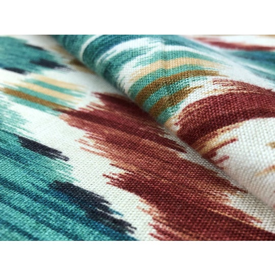 Asian 1991 Vintage Lee Jofa Pardah Cotton Linen Nylon Emerald Green Teal Rusty Red Mustard Beige Ikat Ethnic Upholstery Drapery Fabric For Sale - Image 3 of 3