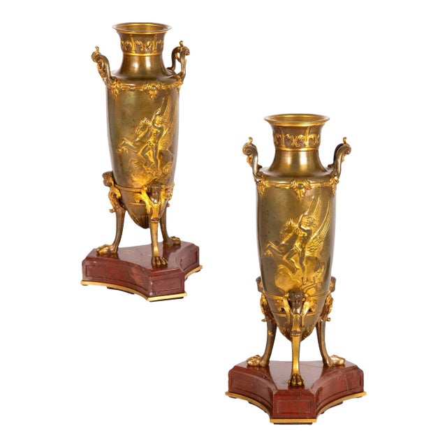 Pair of French Bronze Antique Mythological Amphora Garnitures Ca. 1880 For Sale
