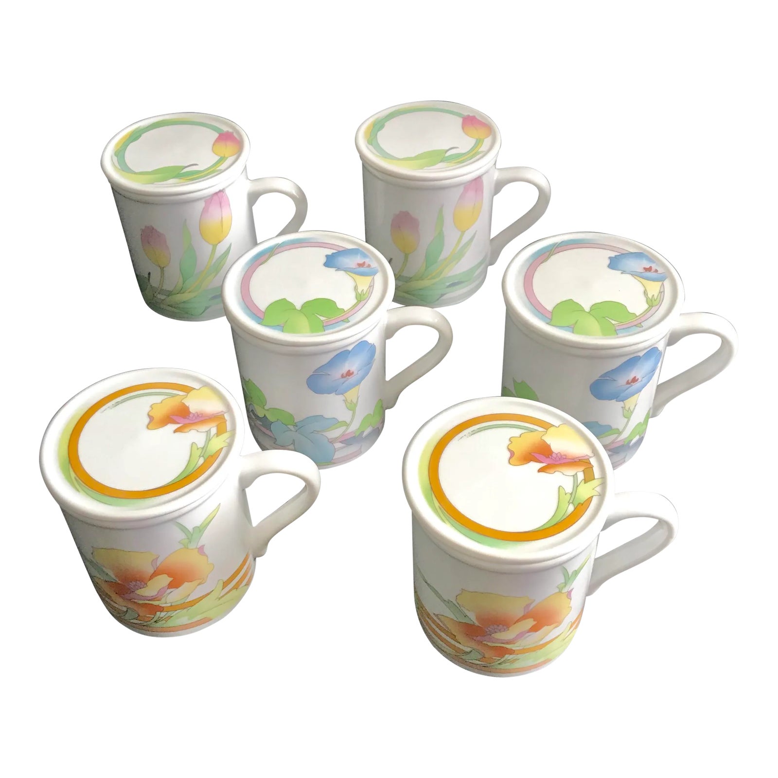 Japanese Floral Tuscany Porcelain Tea Cups With Covers Set of 6