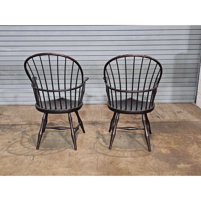 Wood Late 20th Century Pair of d.r. Dimes Sack Back Windsor Arm Chairs Bench Made Black Crackle Finish For Sale - Image 7 of 9