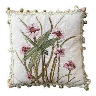 2000s Needle and Petti Point Pillow With Dragonfly and Flowers and Tassel Trim in Greens and Pinks For Sale
