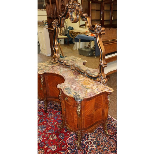 Brown 1920's French Style Marble Top Inlaid Walnut Vanity With Later Companion Mirror For Sale - Image 8 of 15