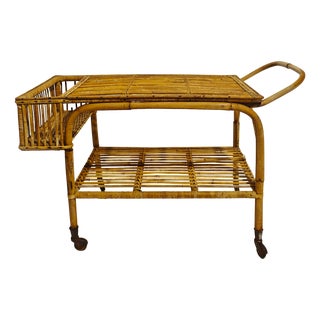 Two-Tier Bamboo and Wicker Bar Trolley with Bottle Compartment, 1960s For Sale