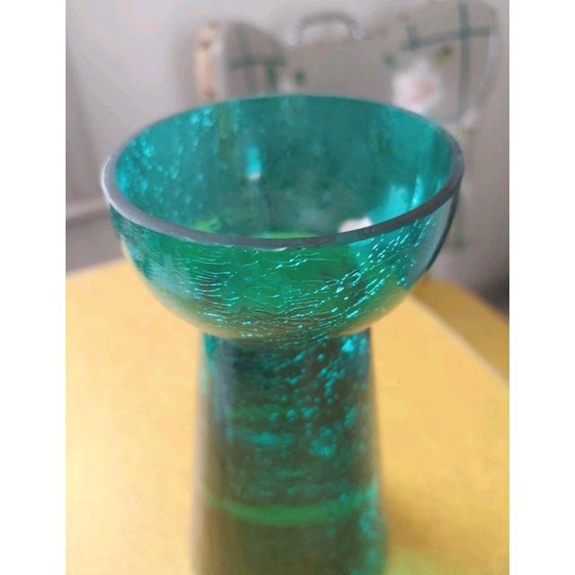 Victorian Antique Blown Aquamarine Crackle Glass Hyacinth Vase For Sale - Image 3 of 6
