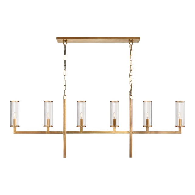 Kelly Wearstler for Visual Comfort Signature Liaison Large Linear Chandelier in Antique-Burnished Brass with Clear Glass For Sale