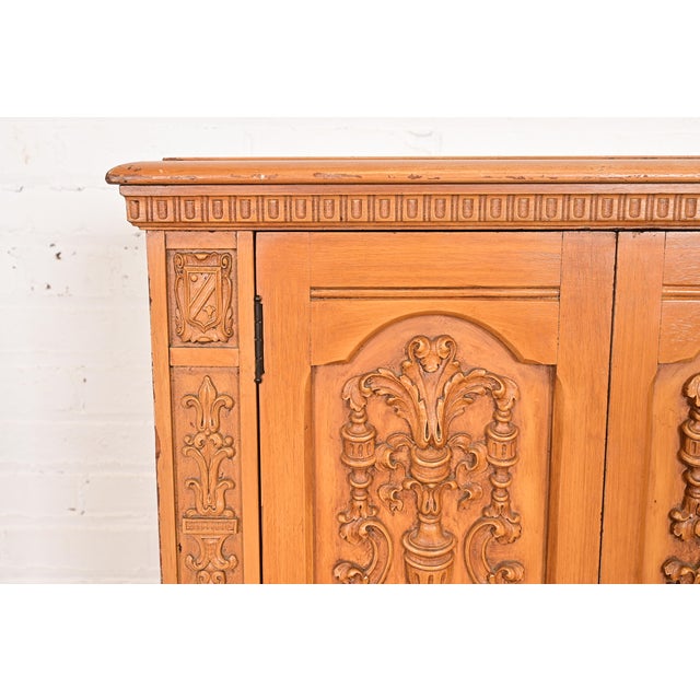 1920s Antique Renaissance Revival Carved Oak Cupboard or Bar Cabinet, Circa 1920s For Sale - Image 5 of 9