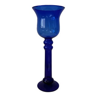 Vintage 1980s Cobalt Blue Fluted Tall Glass Candle Holder For Sale