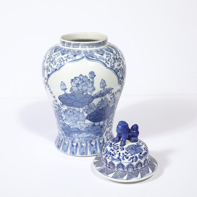 Chinese Hand Painted Blue and White Fudog and Flower Temple Jar For Sale - Image 13 of 18