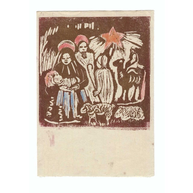 1950s color woodblock print of the Holy Family , shepherd and wisemen on camel. Unsigned. Sheet: 8.5 x 6 inches Image:...