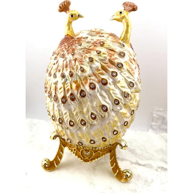 Pierre Lorren Handmade Faberge Egg Style Trinket Peacock Couple Fabergé Egg Style Austrian Crystal Diamond Pure Gold Deco Hand Painted For Sale - Image 4 of 16