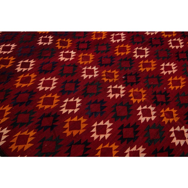 Vintage Kilim Handmade Flatweave Geometric Red Wool Runner For Sale - Image 4 of 10