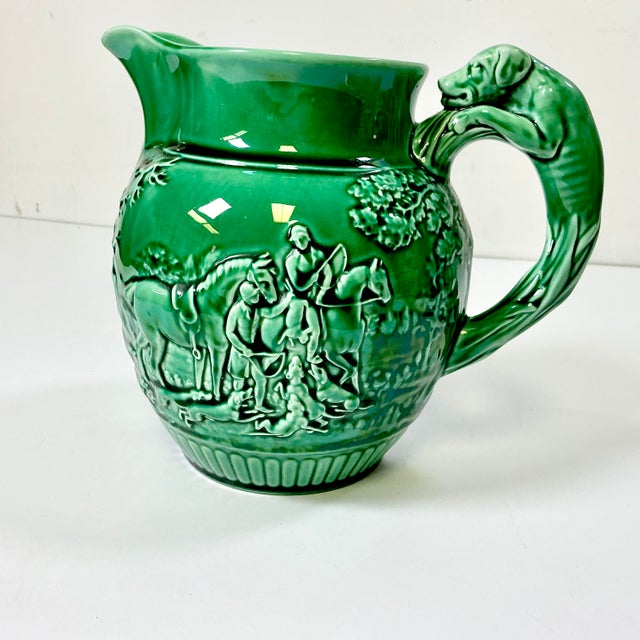 1930s Vintage Boho Chic English Rustic European Wedgwood Majolica Hunting Motif Pitcher For Sale - Image 6 of 16