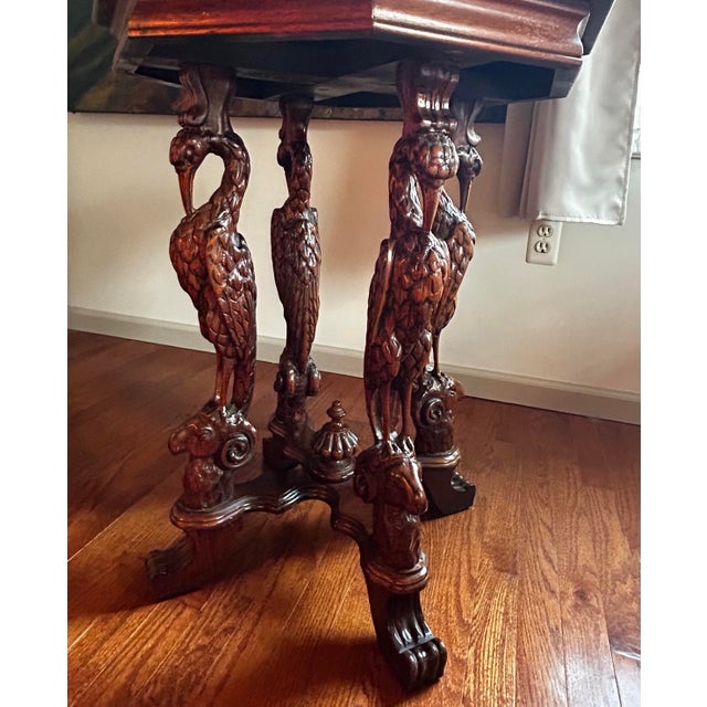 Antique 1920’s Figural Carved Storks With Rams Heads Octagonal Lamp Table For Sale - Image 11 of 12